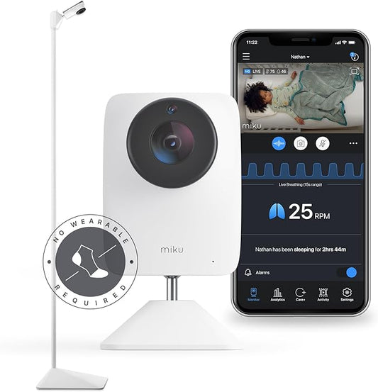 Miku Pro Smart Baby Monitor with Camera, Track Live Breathing with No Wearable, Real-Time Alerts, Sleep Analytics, 1080p Wi-Fi Video, Night Vision, and 2-Way Audio, Wall Mount & Floor Stand Included