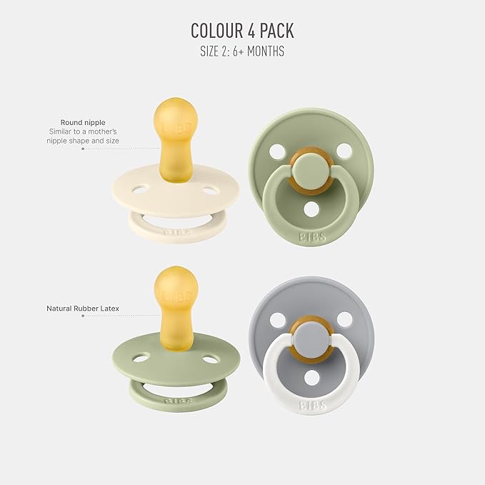 BIBS Colour Soother 4-Pack | BPA Free Dummy Pacifier | Round Nipple | Natural Rubber Latex | Made in Denmark | Size 6-18 Months | Sage Glow Mix