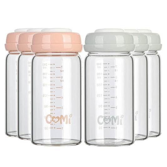 COMI Wide Neck Glass Breastmilk Collection n Storage Bottle, 6 Packs, 8oz with Screw Ring Sealing Disk; Re-markable Sealing Disc. BPA Free, Fits Breast Pumps & Nipples (3 Gray Lids + 3 Pink Lids)