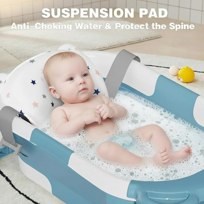 TPN Collapsible Baby Bathtub for Infants to Toddler with Real-time Temp Monitor+Floating Cushion,Foldable Baby Bath Tub Set Applicable 0-36 Month,Perfect Portable Travel Baby Tub for Newborns Boy