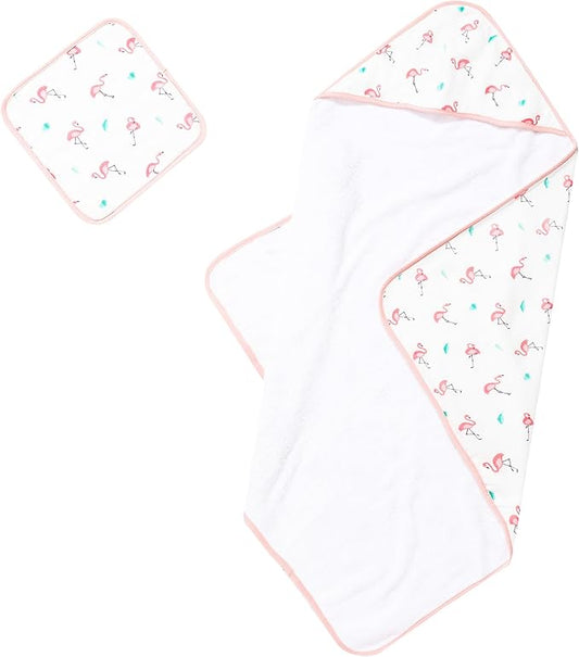 Bamboo Viscose Baby Hooded Towel & Washcloth Set for Babies and Toddlers, Soft & Absorbent, 70% Viscose from Bamboo, 30% Cotton Muslin - Imported (Flamingo)