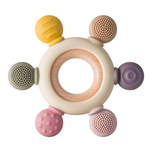 Arudyo Baby Teething Toys Silicone Teethers BPA Free Silicone Rudder with Wooden Ring Soothe Babies Gums (Khaki)