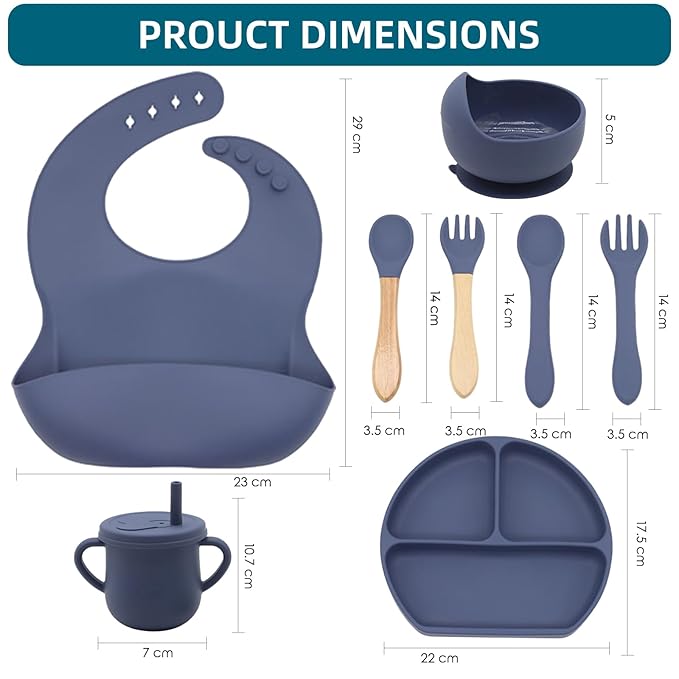 Dormlony 100% Silicone Baby Feeding Set, BPA Free Baby Dishes with Suction Bowl, Divided Plate, Toddler Self Feeding Dish Set with Spoons, Forks, Sippy Cup and Bib, Baby Eating Utensils (Navy Blue)