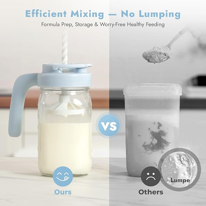 Papablic Glass Breastmilk Pitcher, Fast Baby Formula Maker with Mixing Handle Lid, Wide Mouth Mason Jar Breast Milk Storage Container with Flip-Lock Spout, BPA-Free, Blue