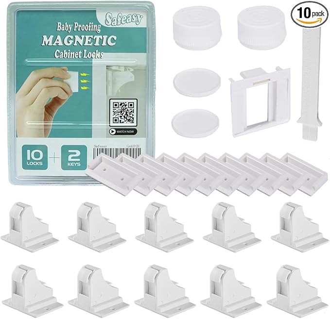 Child Safety Magnetic Cabinet Locks - Children Proof Cupboard Baby Latches - Adhesive for Cabinets & Drawers (10 Locks and 2 Keys)