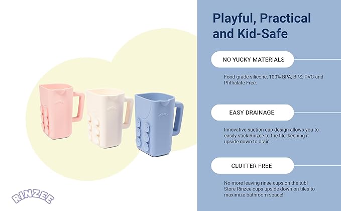 Rinzee® Baby Bath Cup with Suctions - BPA Free, 100% Food Grade Silicone Rinse Cup, Clutter-Free Tub Area, Kids Learning Tool, Sticks to Tiles, Drains Water Upside Down-"Patent Pending"