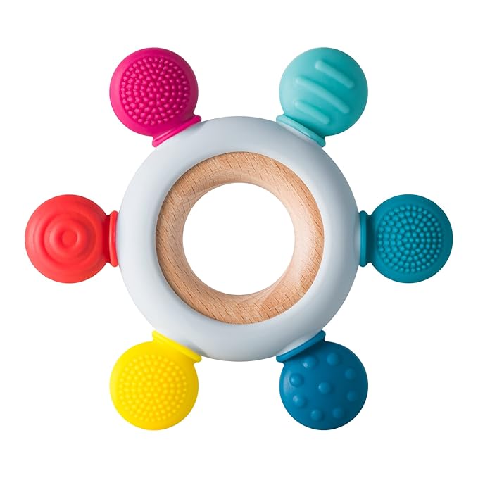 Arudyo Baby Teething Toys Silicone Teethers BPA Free Silicone Rudder with Wooden Ring Soothe Babies Gums (Rainbow)