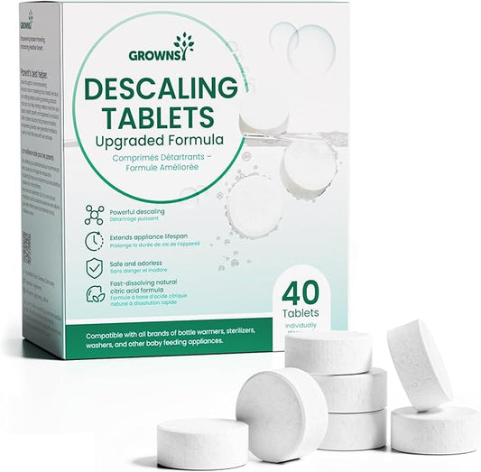 GROWNSY Descaling Tablets for Bottle Warmer & Bottle Sterilizer, Descaler Cleaner 40 Count for Baby Food Maker, Deep Cleans Limescale, Fights Odors & Maintains Performance, 1 Year Supply