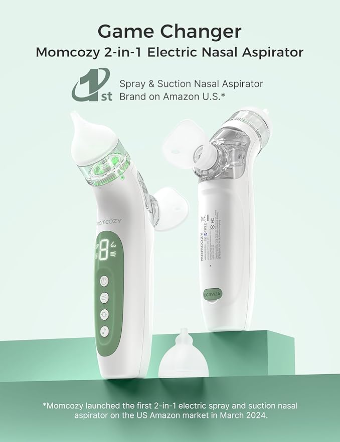 Momcozy BreezyClear™ 2-in-1 Electric Nasal Aspirator for Baby with Spray, 65kPa Hospital-Grade Suction, 4 Adjustable Levels, Quiet & Portable Nose Cleaner with Soothing Light & Music