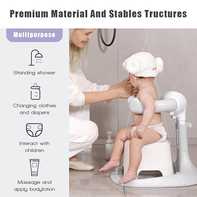 Baby Shower Stand 2025 Upgraded, Removable base, Shower Standing Support with Adjustable Height and Armrest, Bath Stand with Anti-Skip and Shower Head Holder, Ideal Gift for Infants 6-36 Months (grey)