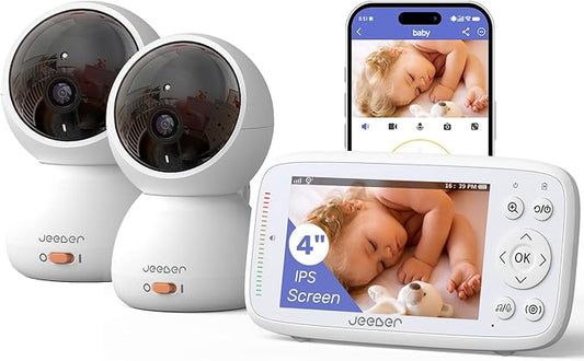 1080P WiFi Baby Monitor with 2 Camera and Audio, Pan-Tilt-Zoom Video Camera, 4'' IPS Screen, HD Night Vision, Motion & Cry Detection, 360° View, Temperature Sensor, Feeding Reminder, Lullabies
