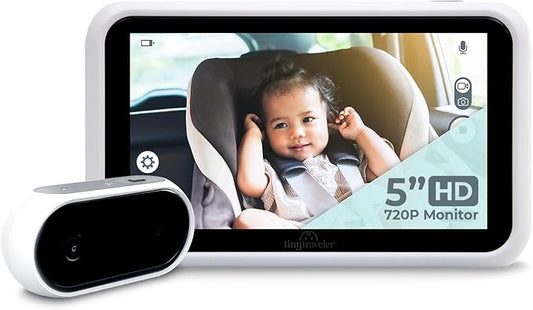 Tiny Traveler 5” HD Touch Screen Baby Car Monitor – Hackproof, No WiFi Baby Camera for Travel Home – Rear-Facing Car Seat Monitor with Night Vision Headrest or Clamp Mount Baby Reminder Alert White