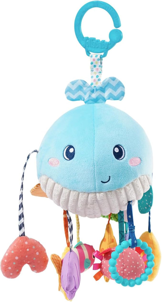 Jollybaby Activity Pull String Hanging Toy for Baby Stroller Car Seat Crib Play Gym, Plush Stuffed Ocean Whale Toy for Carseat with Teether Rattles, Montessori Sensory Toy for Baby Gift