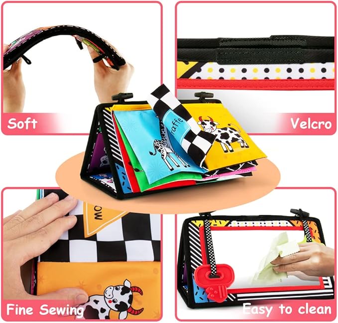 3-in-1 Tummy Time Mirror with Soft Crinkle 3D Activity Book, Teethers, Rattle - High Contrast Black and White Montessori Baby Crawling Toys Developmental Newborn Infant Sensory Toys Gift 0-12 Months