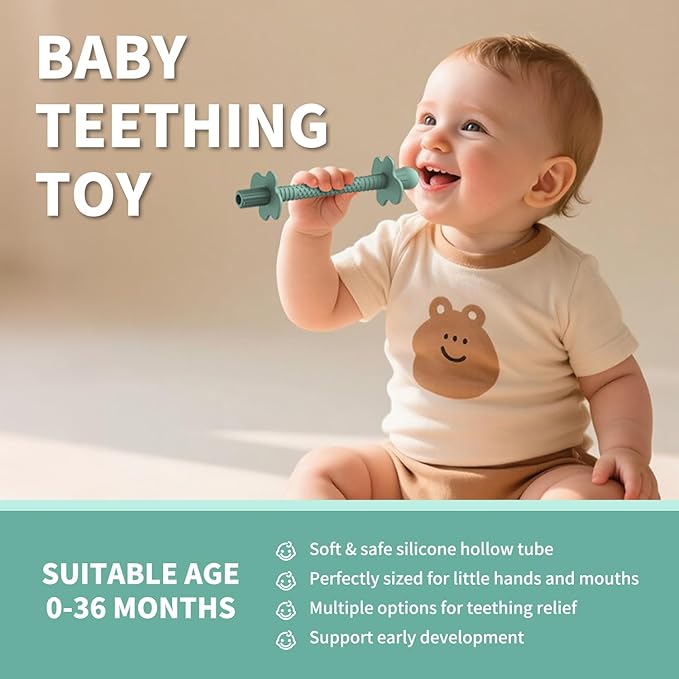 6-Pack Silicone Teething Tubes for Babies 6-12 Months, BPA-Free Non-Choking Teether Sticks Toys, Teething Relief Chew Straws for Infants & Toddlers, Baby Gifts (Sand Clay DustyRose Brown Green Blue)