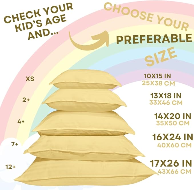 kinder Fluff Pre-Teen Pillows (2-Pack) 17x26in - Pillows for Kids Age 12+, 100% Cotton Sateen Stripes 300T, Down Alternative Fill, Machine Washable - Children & Travel Cushions - Yellow - XL