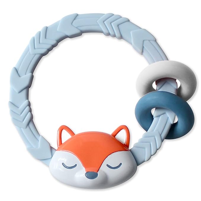 Itzy Ritzy Silicone Teether with Rattle; Rattle Teether Features Rattling Sound, Two Silicone Teething Rings and Raised Texture to Soothe Gums; Ages 3 Months and Up (Fox)