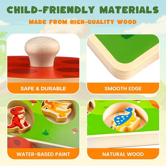 3 otters Wooden Peg Puzzles for Toddlers, Montessori Toys Dinosaur Learning Toys for Family Entertainment Education Birthday Party Favors