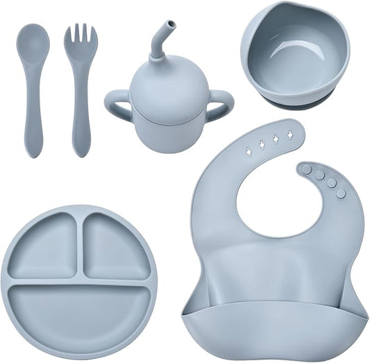 Baby Silicone Feeding Set, Baby Weaning Set, Baby Essentials, Includes Baby Spoons, Baby Bibs, Suction Plates for Baby， Baby Bowls, Food Grade Silicone, BPA Free (A-1)
