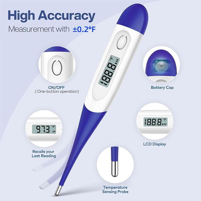 Boncare 10 Seconds Digital Thermometer for Adults and Kids - Accurate & Safe Rectal Thermometer for Baby with Fever Alarm, Oral Thermometer (Dark Blue)
