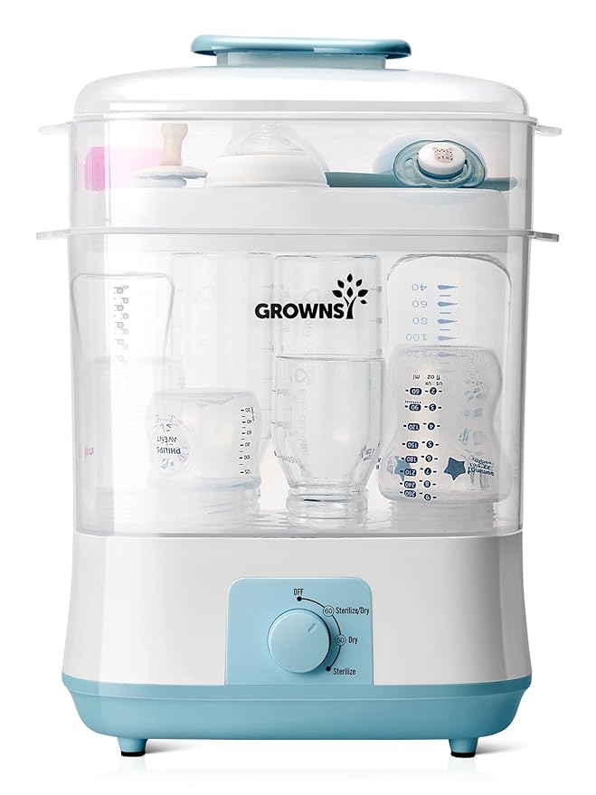 Grownsy Adjustable 4 in 1 Large Bottle Sterilizer and Dryer, 8 Bottles Capacity,Electric Steam Baby Bottle Sterilizer, Sanitizer for Baby Bottles & Pacifiers, Breast Pump Parts Blue