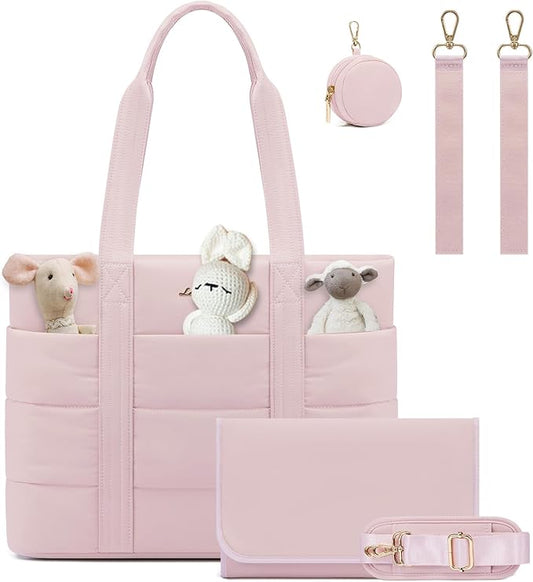 LOVEVOOK Diaper Bag Tote, 15.6inch Puffer Baby Diaper Bag Waterproof Travel Diaper Tote with Changing Pad Pacifier Case