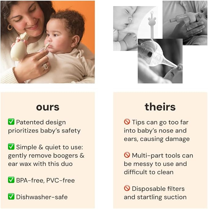 oogiebear BearPair Silicone Bulb Baby Nasal Aspirator and Ear & Nose Syringe, Safely Sucks Snot and Removes Mucus, Cleanable and Reusable, Grey