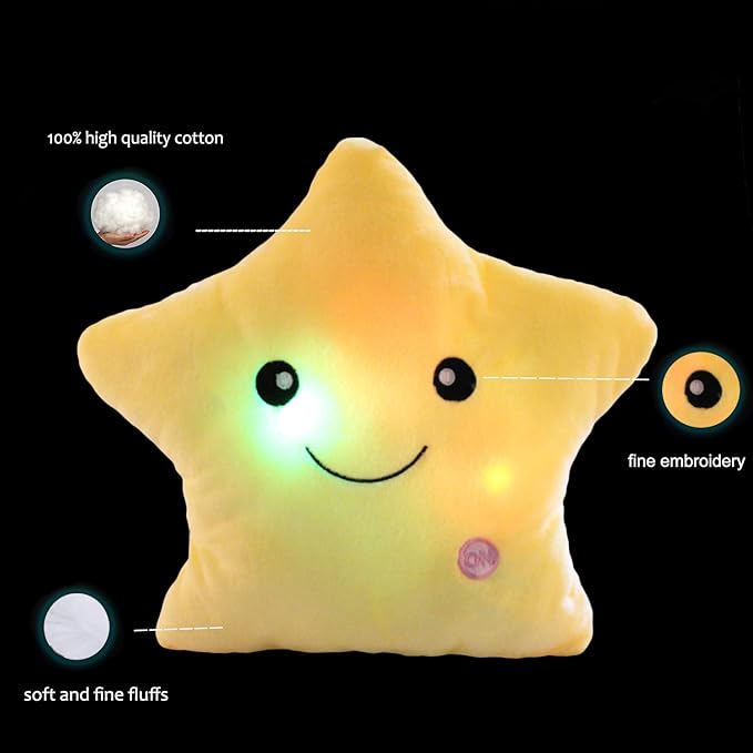 Creative Twinkle Glowing Stars Shape Plush Throw Pillow, LED Night Light Pillow Cushions Stuffed Toys Gifts for Kids, Christmas (Yellow)