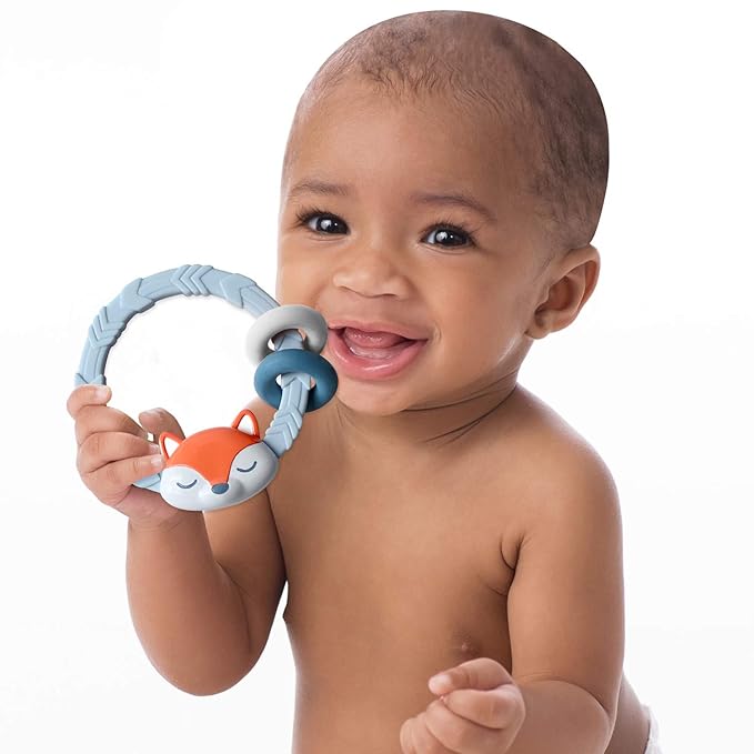 Itzy Ritzy Silicone Teether with Rattle; Rattle Teether Features Rattling Sound, Two Silicone Teething Rings and Raised Texture to Soothe Gums; Ages 3 Months and Up (Fox)