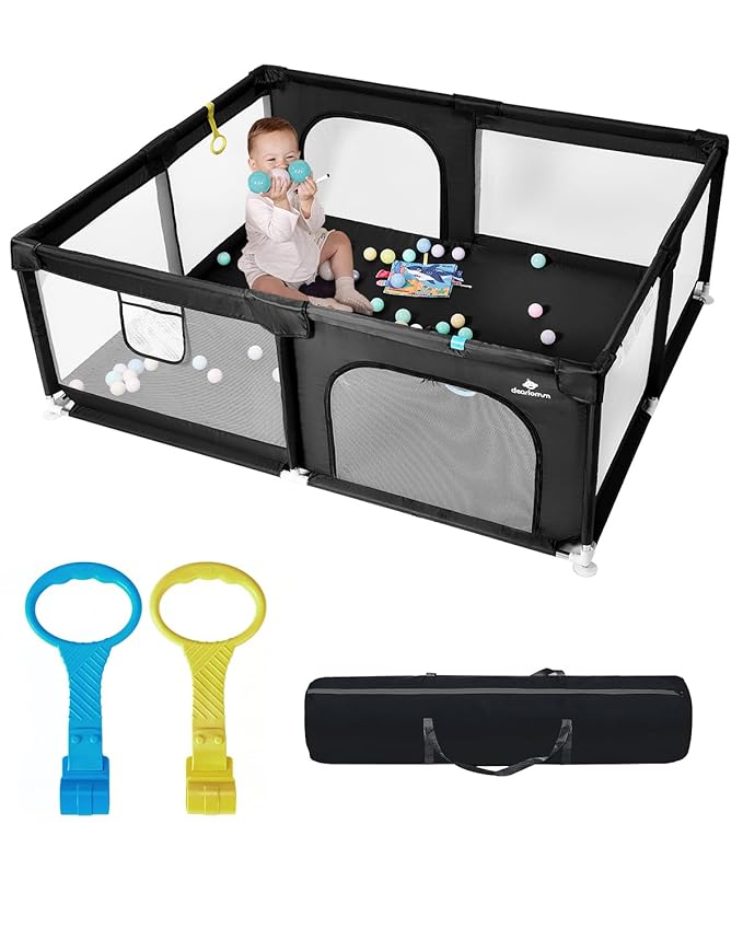 [Upgraded] dearlomum Baby Playpen, 71"x59" Extra Large Playard with Thickened Steel Pipes, Baby Activity Center with Gate & Toys, Sturdy Soft Mesh Safety Fence for Toddlers (Black)