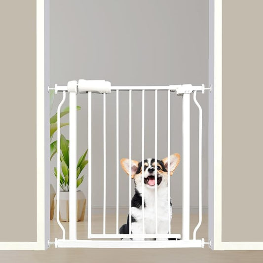 29-34 Inch Baby & Dog Gate, Pressure Mounted Auto Close, Walk Through Safety Gate for Narrow Stairs & Hallways, White Heavy-Duty Metal - Kids & Pets