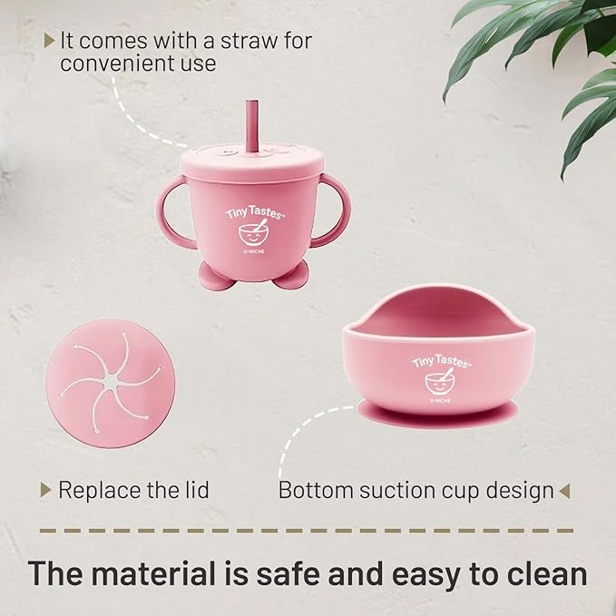 Tiny Tastes 10-Piece Silicone Baby Feeding Set – BPA-Free, Spill-Proof Suction Plate, Bowl, Bib, Snack Cup & Utensils | Dishwasher Safe, Baby Gift Ready (Light Pink)