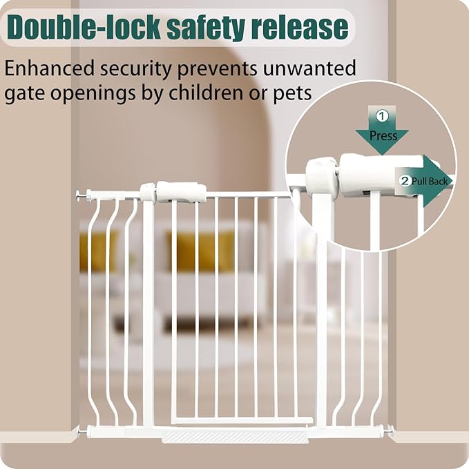 29-34 Inch Baby & Dog Gate, Pressure Mounted Auto Close, Walk Through Safety Gate for Narrow Stairs & Hallways, White Heavy-Duty Metal - Kids & Pets