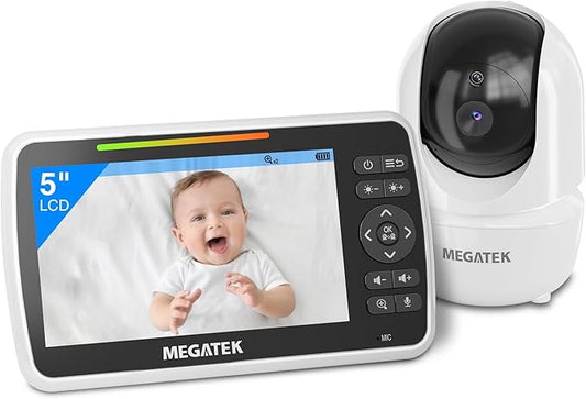 MEGATEK 5" Screen Video Baby Monitor with Audio and Pan-Tilt Camera, Night Vision, Temperature Alert & Two-WayTalk,ECO Mode, Brightness/Volume Control