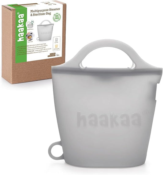 Haakaa Silicone Travel Microwave Steamer & Steriliser Bag, 30oz/900ml Reusable Silicone Steaming Bags for Baby Small Items, Pacifiers, Teethers or Baby Cups, Great for Home and On-The-Go, Grey/1PC