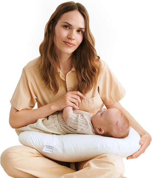 FOSSFLAKES Nursing Pillow Including 100% Cotton Sateen Cover – Firm Maternity Cushion for Feeding and Support – Multi-Purpose Pregnancy and Postpartum Comfort, Boomerang Design by Nordic Sleep