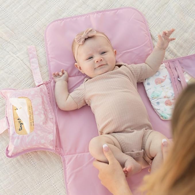 Tiny Twinkle Portable Diaper Changing Pad | Waterproof, Wipeable & Compact Baby Changing Pad for Travel | Smart Wipes Pocket & Organized Storage| Newborn Shower Gift (Toile)