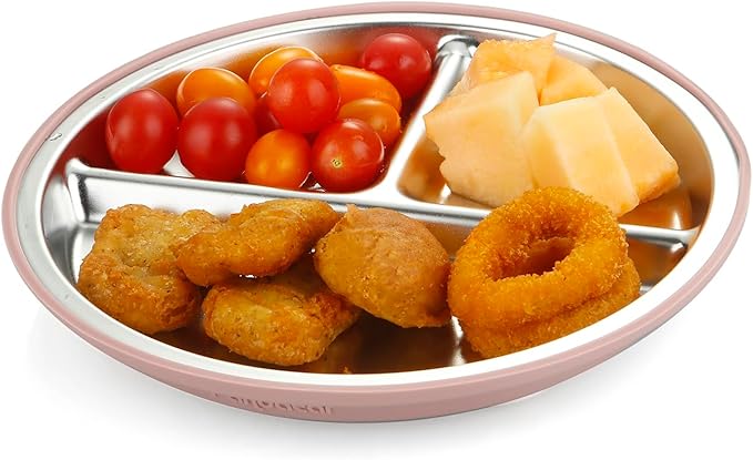 PandaEar 6-in-1 Stainless Steel Baby Feeding Set | Divided Suction Plate, Bowl, Sippy Cup with Straw, Bib, Spoon & Fork | BPA-Free Toddler Feeding Essentials for Self-Feeding (Pink)