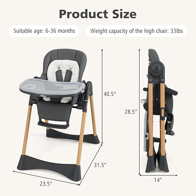 INFANS Baby High Chair, High Chairs for Babies & Toddlers with Adjustable Height Backrest Footrest Removable Tray, Easy to Clean PU Seat Convertible Quick Folding Portable Highchair