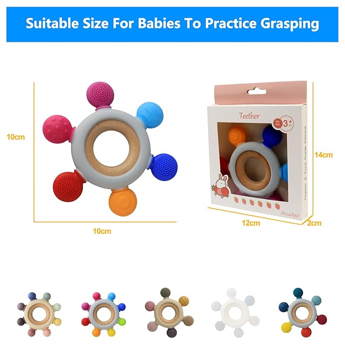 Arudyo Baby Teething Toys Silicone Teethers BPA Free Silicone Rudder with Wooden Ring Soothe Babies Gums (Ocean)