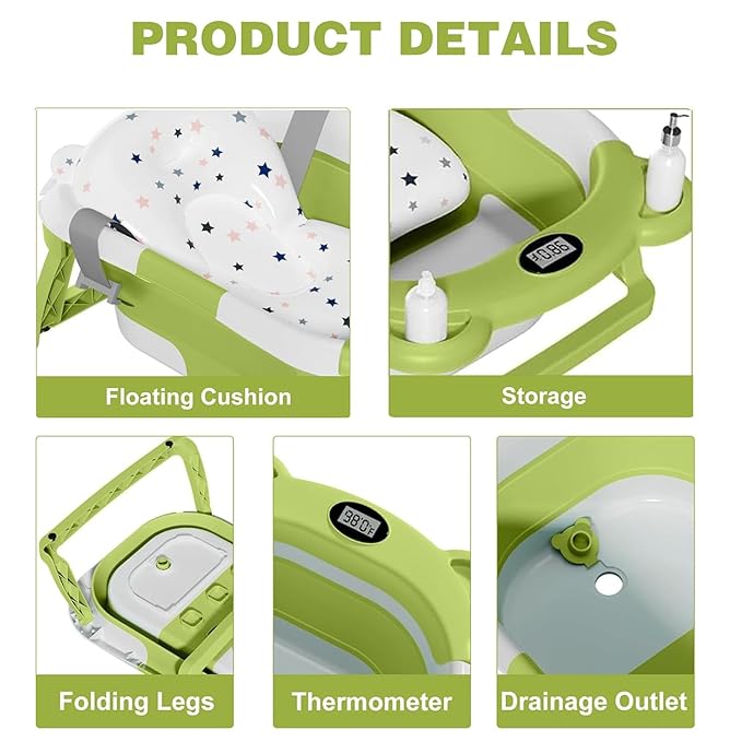 TPN Collapsible Baby Bathtub, Baby Bath Tub with Soft Cushion & Real-Time Thermometer, Baby Bathtub Infant to Toddler Tub (0-36 Months), Portable Newborn Travel Bath tub