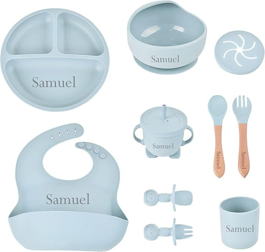 Personalized Silicone Baby Feeding Set with Name, Customized Baby Led Weaning Supplies Self Feeding Eating Utensils with Spoon, Fork, Silicone Suction Bowls, Cup, Plate Dusty Blue