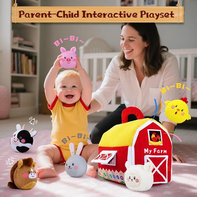 teytoy Baby Toys for Newborn 6-12 Months, Soft Barn with 6 Stuffed Farm Animals Playset for Toddlers Boys Girls 1-3 Years Baby Sensory Toys Birthday Easter Basket Stuffers Christmas Gifts