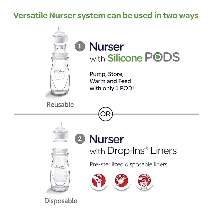 Playtex Baby Nurser Newborn Gift Set with Drop-Ins Bottle Liners, Closer to Breastfeeding, 4 Bottles (2x4 Oz, 2x8 Oz), Liners and PODS, 2 Binky Pacifiers, Bottles for Newborn and Breastfeeding Babies