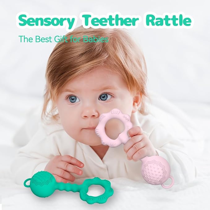 2 Pcs Baby Rattle Teether, 2-in-1 Rattle and Teether Toy for Soothing Sore Gums and Keeps Little Ones Entertained, Food Grade Silicone (Spearmint+Pink)
