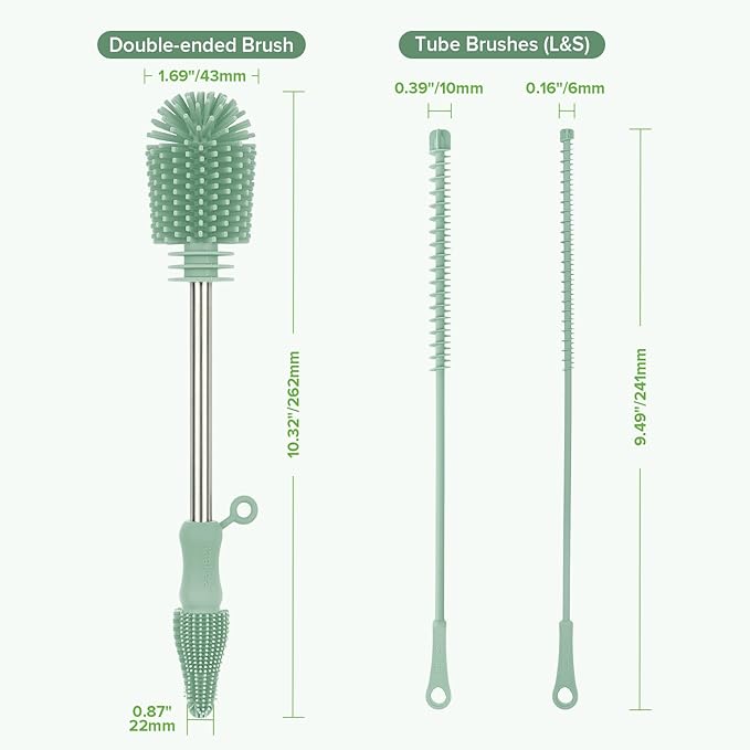 haakaa Silicone Cleaning Brush Kit - Baby Bottle Brush Cleaner for Breast Pump,Nipple,Breast Milk Storage Bag,Reusable Straw,Sippy Cup - Food Grade Silicone Bristles, Portable - 3 Pcs - Pea Green