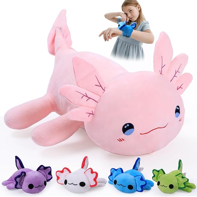 Axolotl Plush Toy Set for Ages 3 4 5 6 7 8+ Year Old - Axolotl Mommy & 4 Slap Bracelets Baby Axolotls, Soft Stuffed Animals, Christmas Birthday Gifts for Boys and Girls
