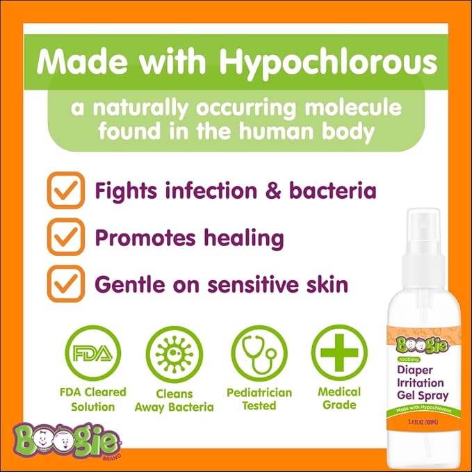 Boogie Hypochlorous Acid Diaper Irritation Gel Spray, Baby Essentials for Diaper Rash, Soothing Cleansing Spray, 3.4oz (Pack of 3)