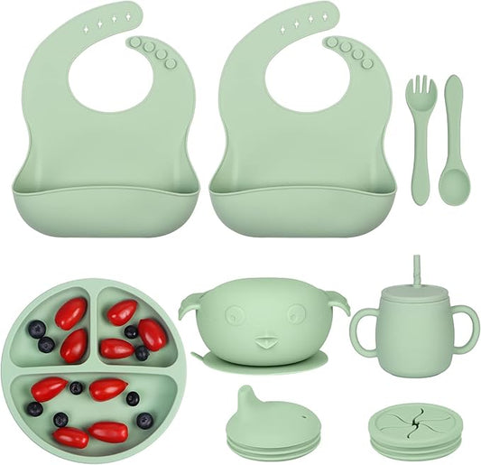 Silicone Baby Feeding Set 11 Piece, Baby Led Weaning Feeding Supplies, Strong Suction Bowl & Suction Plate, Adjustable Bibs, 4-in-1 Cup, Spoon & Fork, Food-grade Silicone (Green)