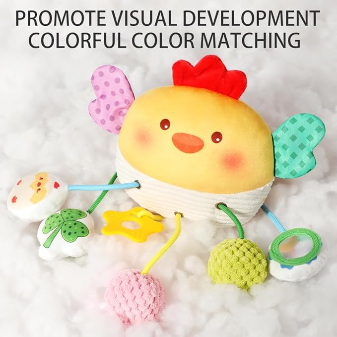 Carseat Toys Hanging for Babies 0-6 Months Boy Girl – Chicken Pull String Baby Toy with Crinkle, Rattle, Mirror, BB Squeaker – Crib Toys Hanging, Stroller, Car Seat Toy, Baby Hanging